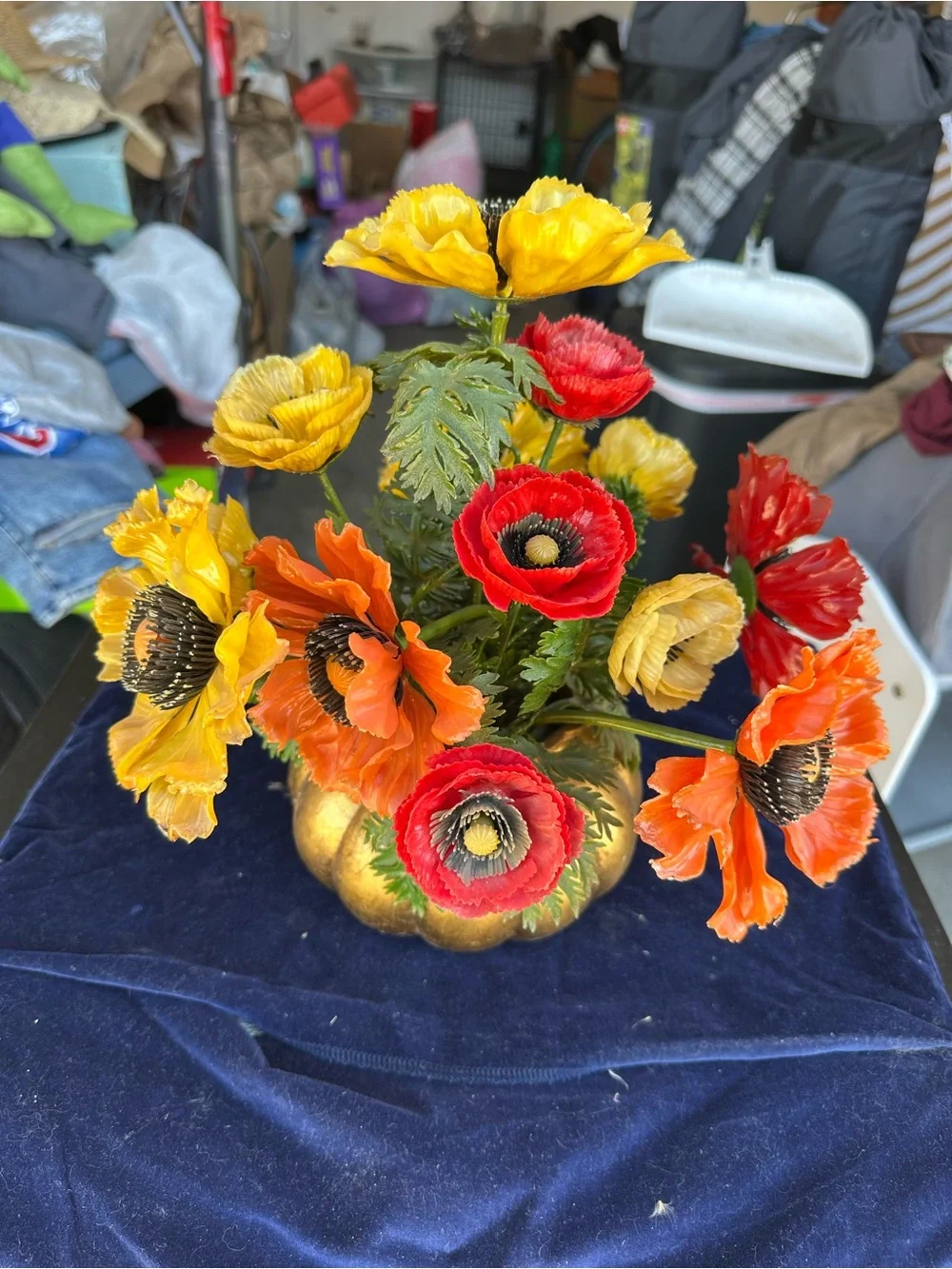Vintage Artificial Poppy Floral Arrangement in Red, Orange & Yellow